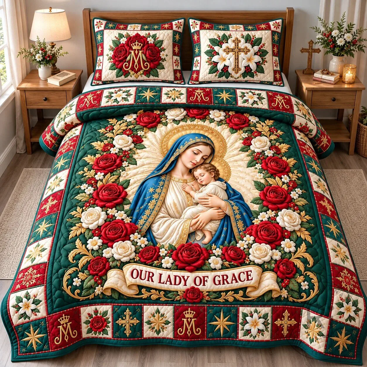 Our Lady of Grace Virgin Mary and Baby Jesus Quilted Bedding Set