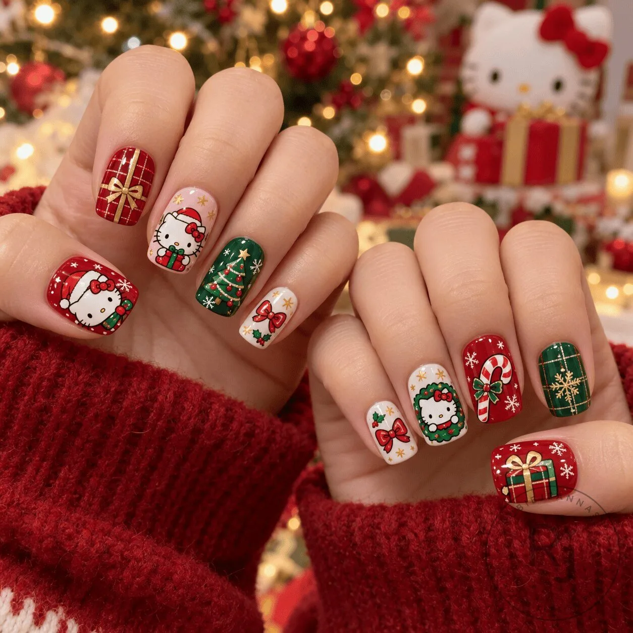 Festive Hello Kitty Press-On Nails Set for Christmas Holiday Celebrations