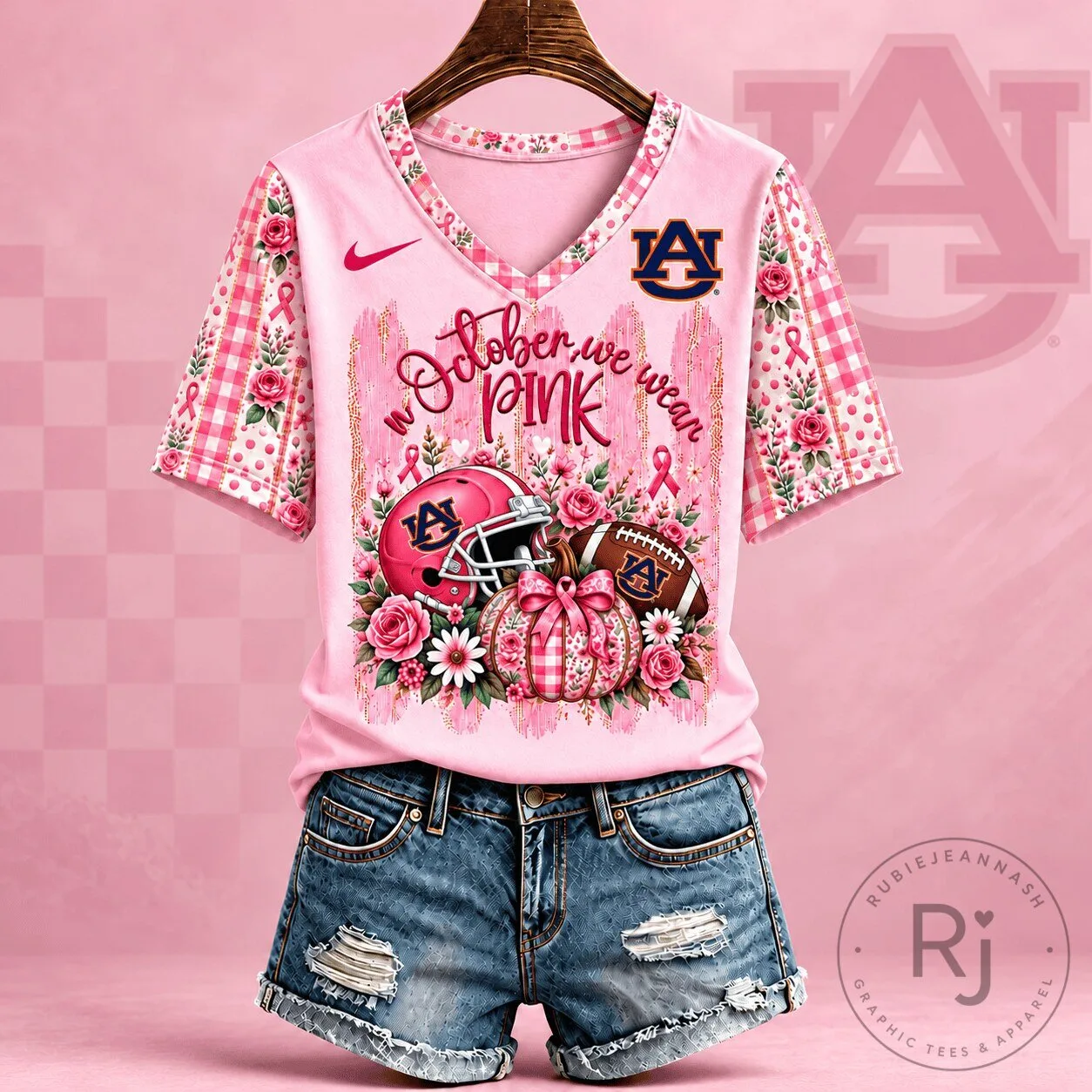 Auburn Tigers Breast Cancer Awareness Pink Floral Football V-Neck T-Shirt 1 Auburn Tigers Breast Cancer Awareness Pink Floral Football V-Neck T-Shirt