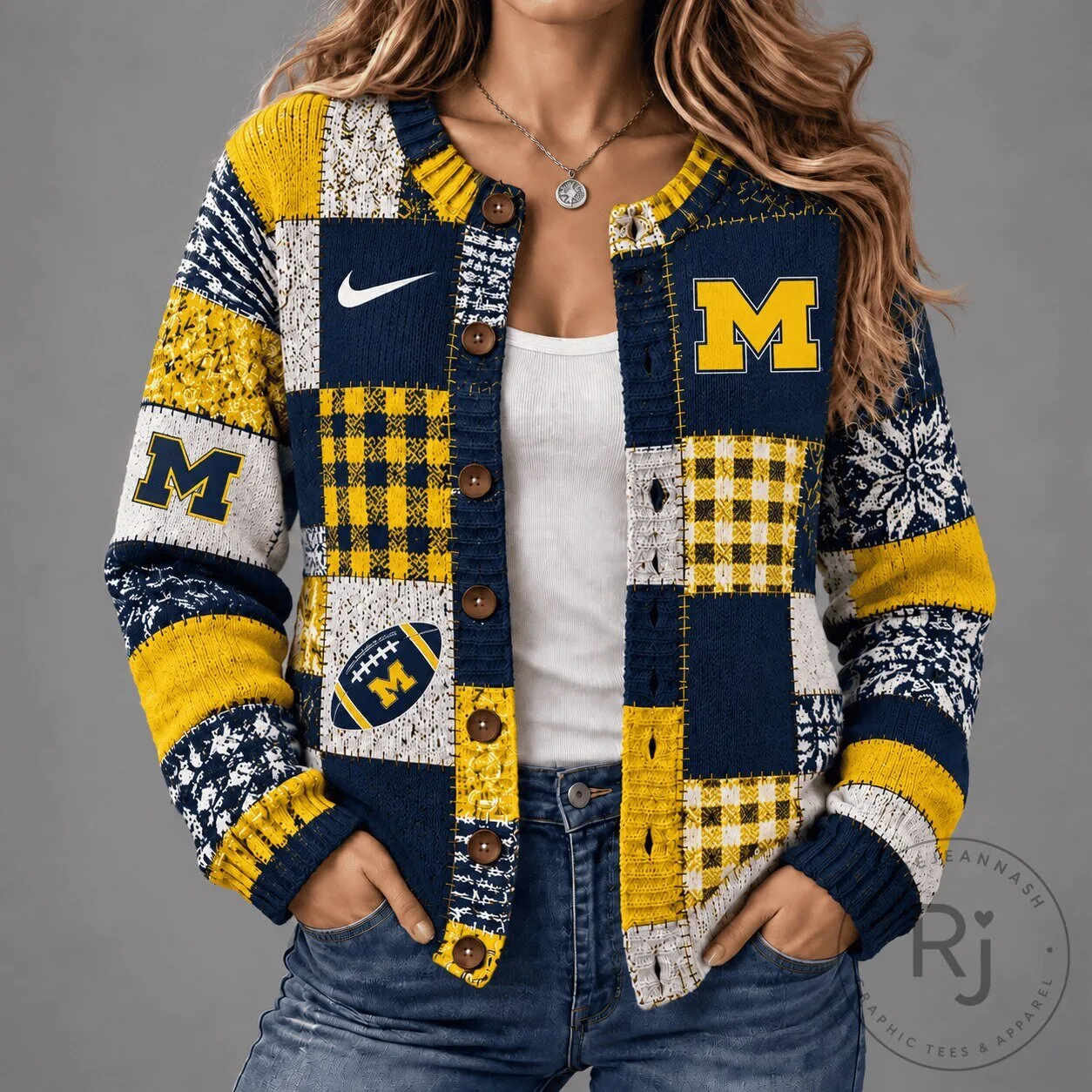 Michigan Wolverines Vintage Patchwork Football Cardigan Sweater
