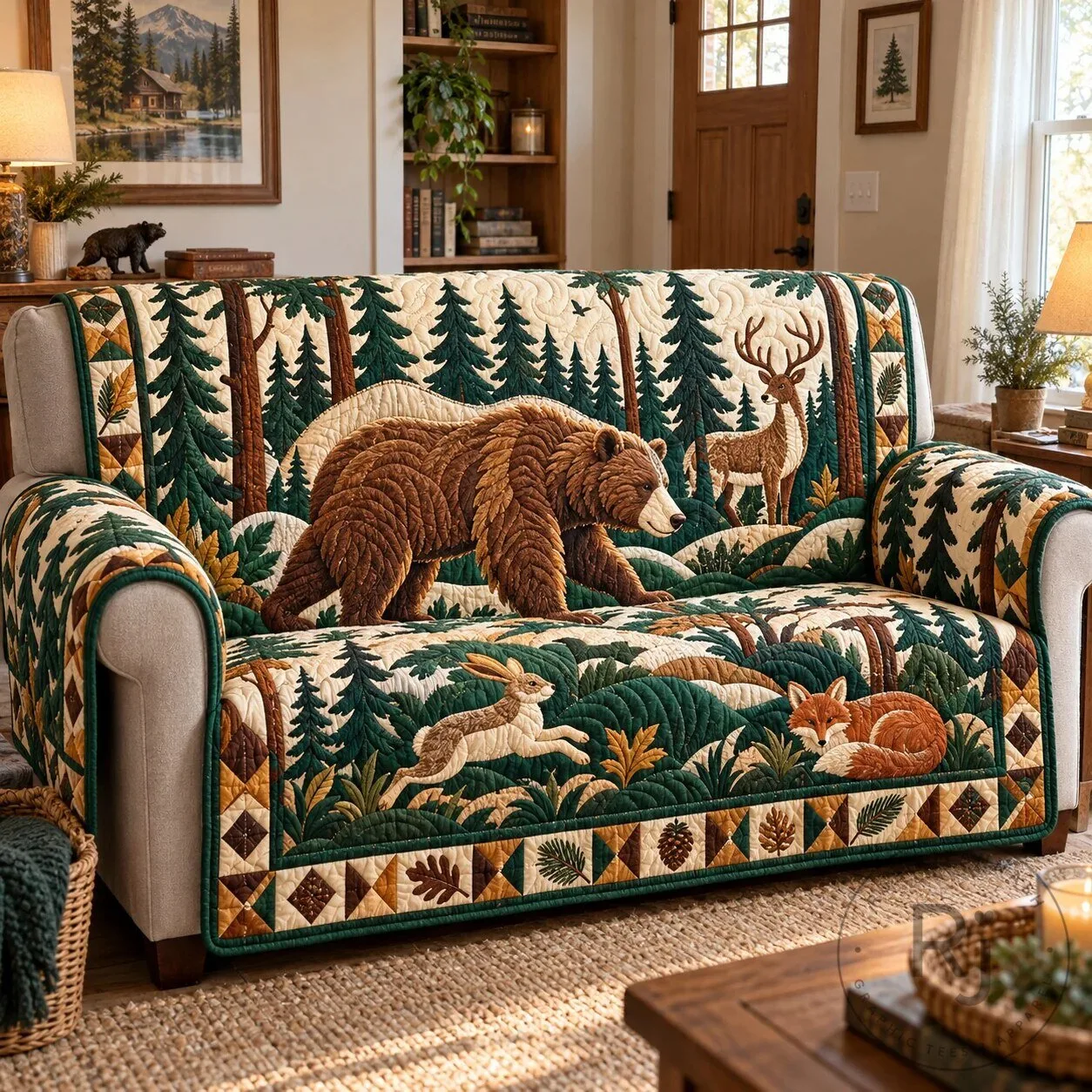 Rustic Woodland Legends Quilted Sofa Cover with Bear Deer Fox Rabbit Forest Design