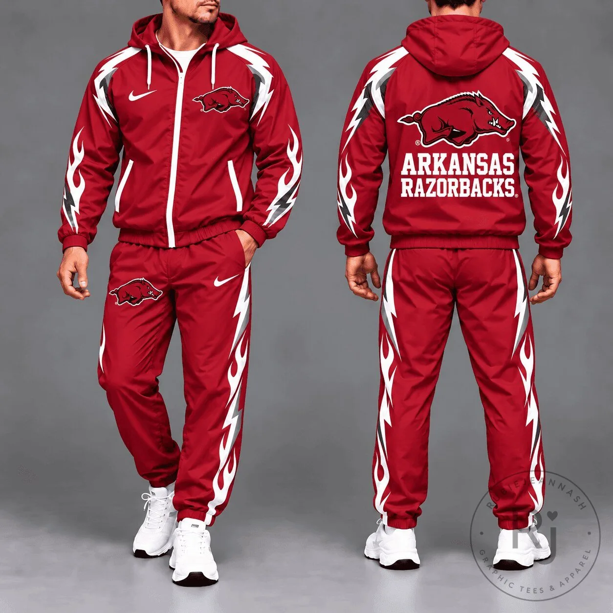 Arkansas Razorbacks NCAA Team Logo Red and White Full-Zip Hooded Tracksuit 2 Arkansas Razorbacks NCAA Team Logo Red and White Full-Zip Hooded Tracksuit