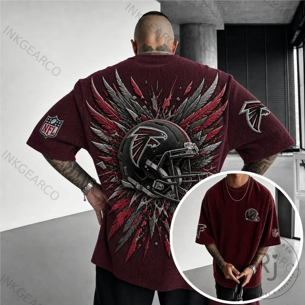 Atlanta Falcons NFL Football Team Helmet and Wings Graphic Maroon T-Shirt Atlanta Falcons NFL Football Team Helmet and Wings Graphic Maroon T-Shirt