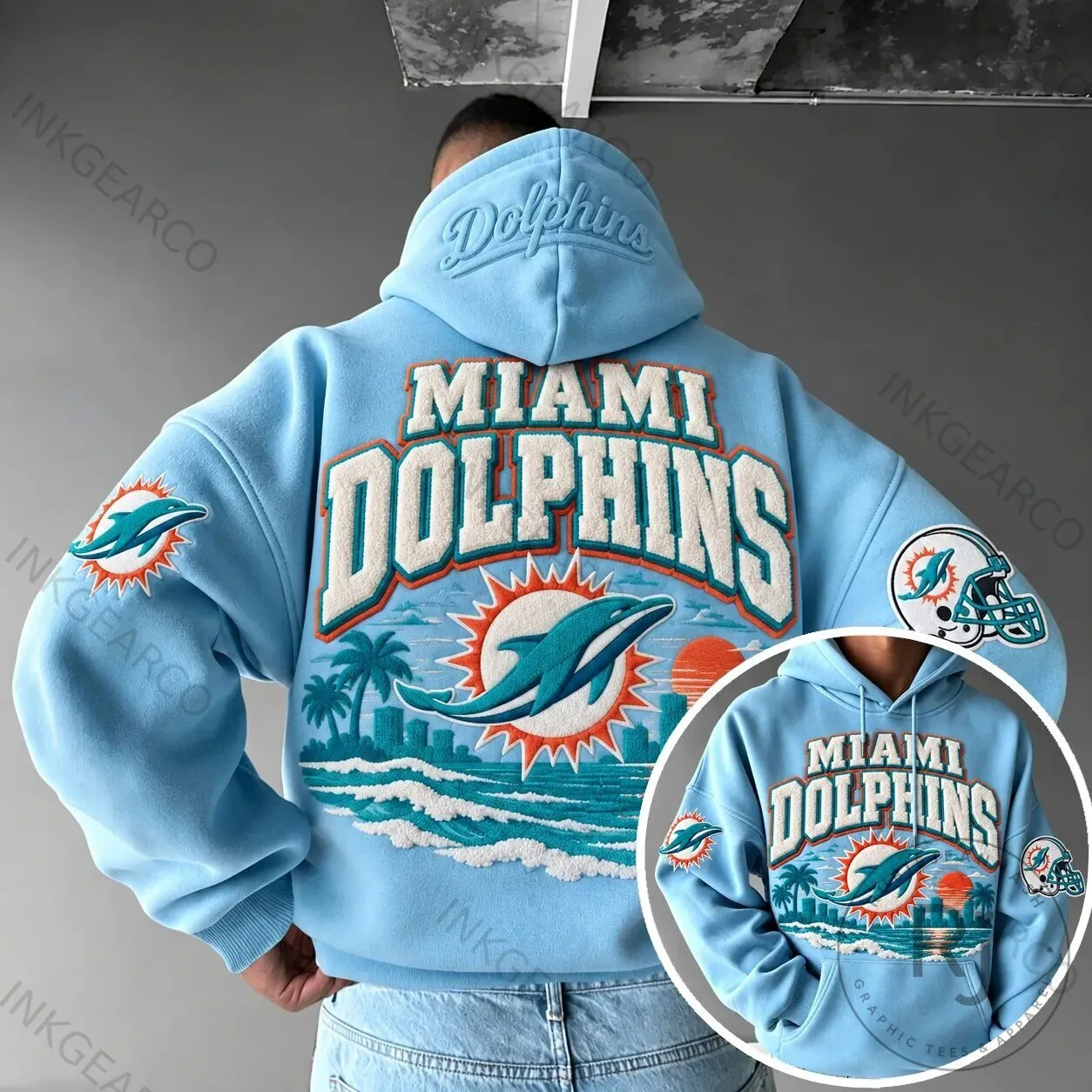 Miami Dolphins NFL Football Team Logo Embroidered Light Blue Hoodie 2 Miami Dolphins NFL Football Team Logo Embroidered Light Blue Hoodie