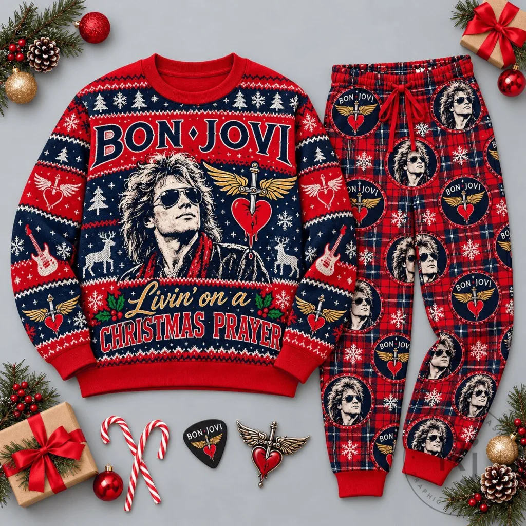 Bon Jovi Livin' on a Christmas Prayer Ugly Christmas Sweater and Pajamas Set Bon Jovi Livin' on a Christmas Prayer Ugly Christmas Sweater and Pajamas Set