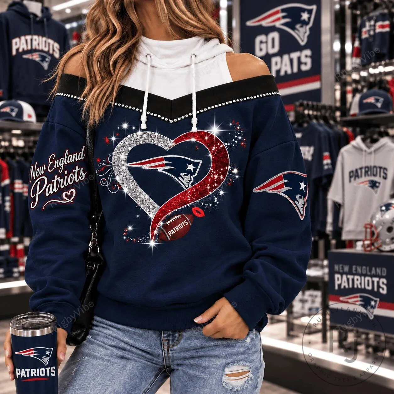 New England Patriots Glitter Heart Sparkle Off Shoulder Hoodie 6 New England Patriots Glitter Heart Sparkle Off Shoulder Hoodie