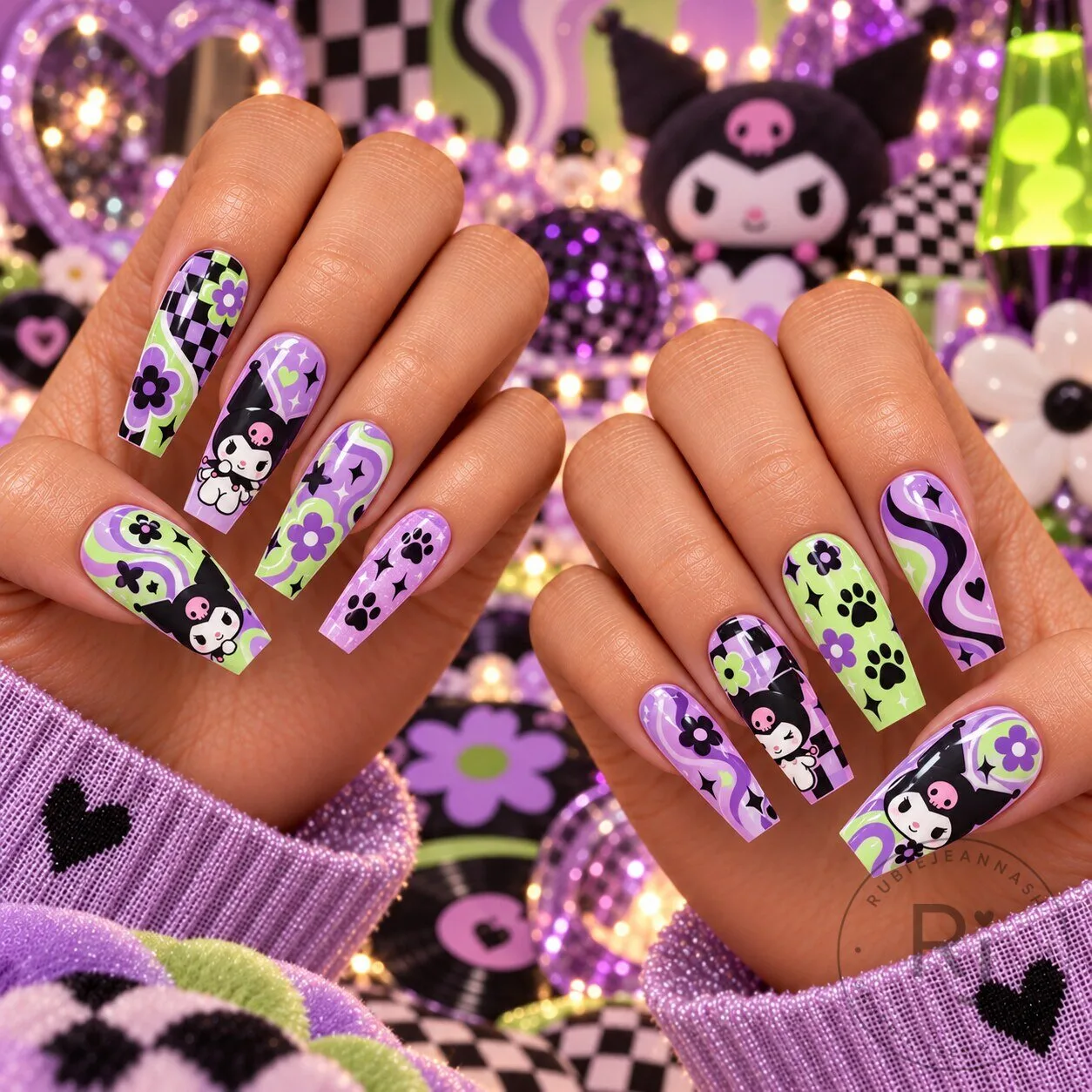 Retro Floral Press-On Nails Set featuring Kuromi Mystery Groovy Design