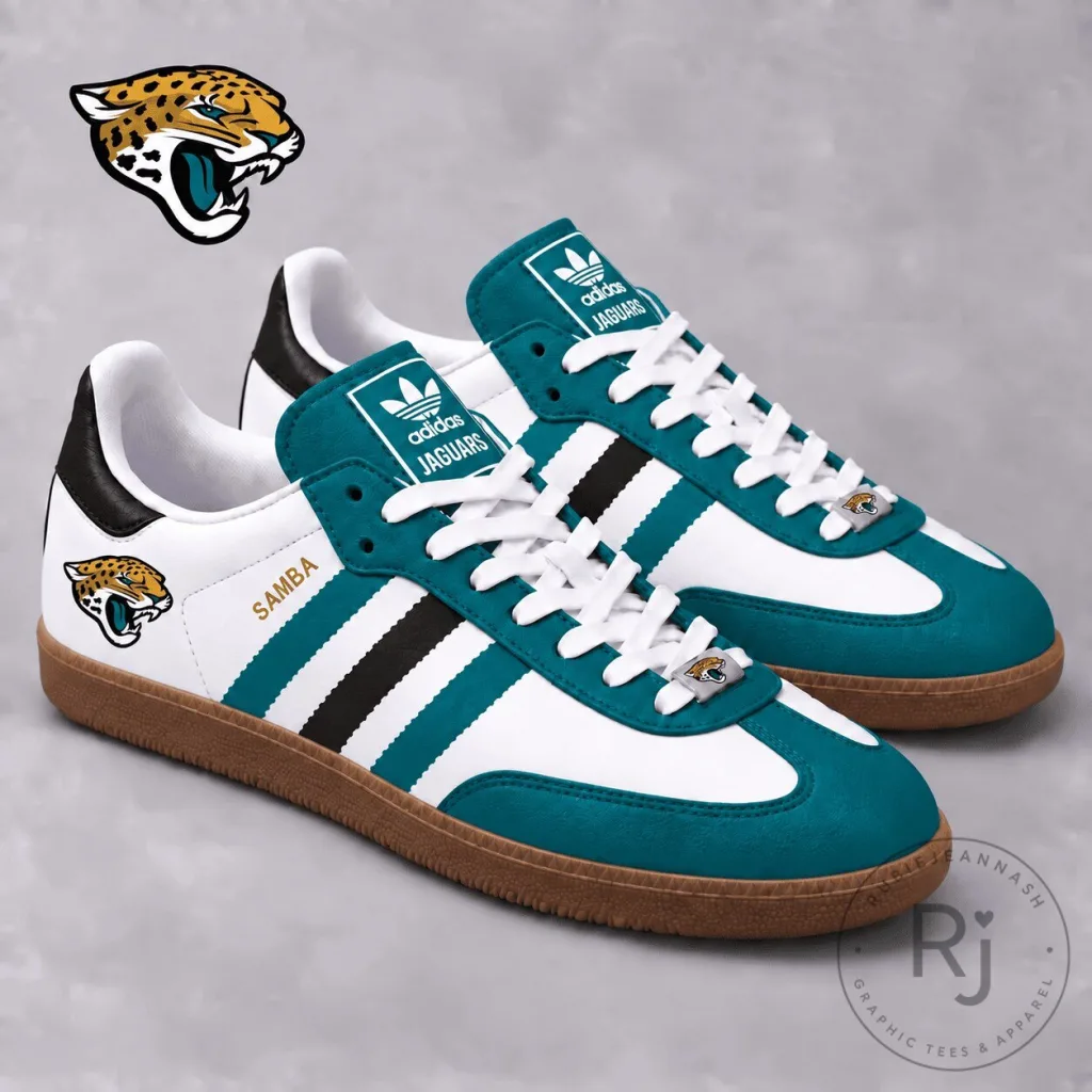 White and Teal Samba Shoes with Jacksonville Jaguars NFL Team Logo White and Teal Samba Shoes with Jacksonville Jaguars NFL Team Logo
