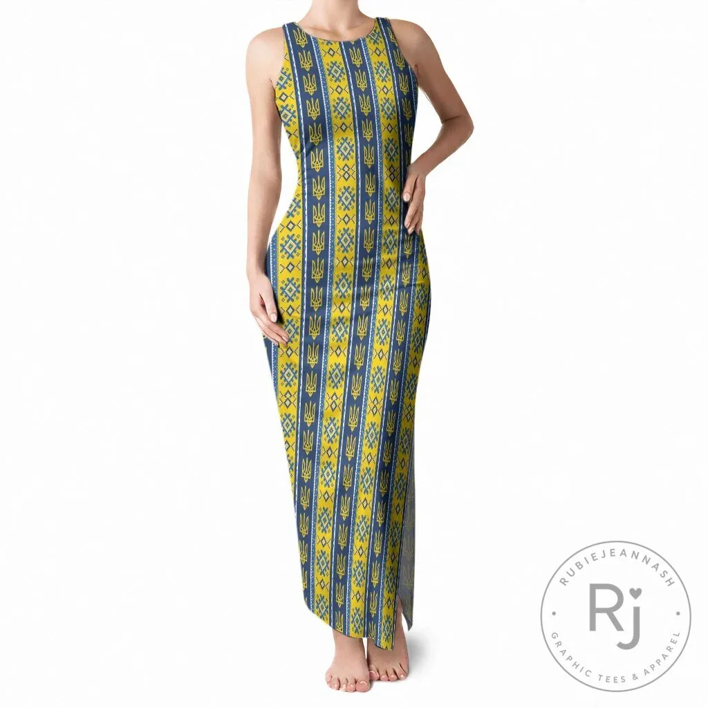 Ukrainian Trident Pattern Sleeveless Maxi Dress for Women