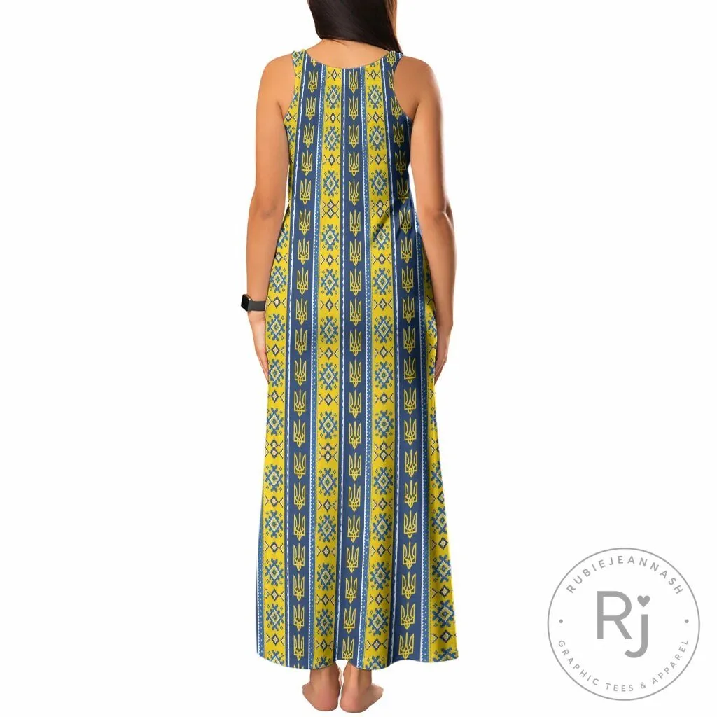 Ukrainian Trident Pattern Sleeveless Maxi Dress for Women 3 Ukrainian Trident Pattern Sleeveless Maxi Dress for Women