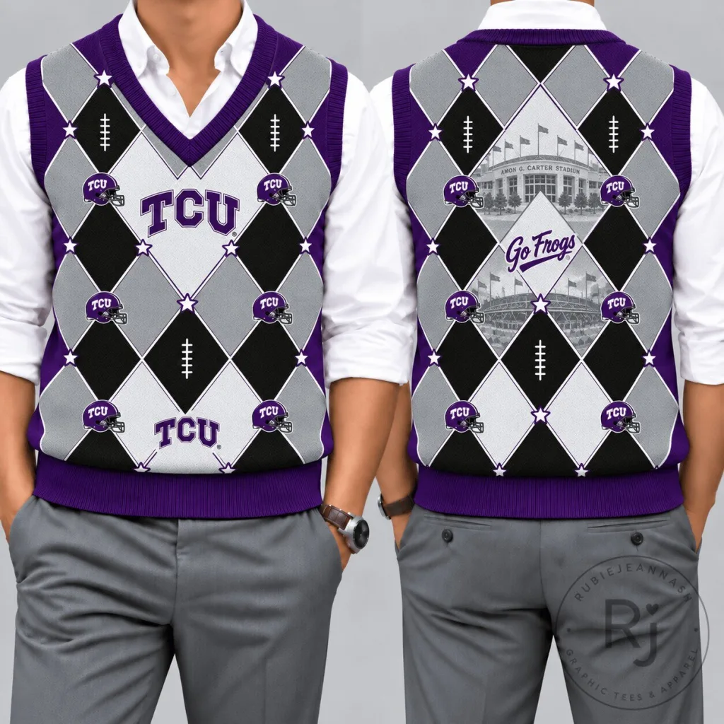 Texas Christian University Horned Frogs Football Argyle V-Neck Knit Vest Texas Christian University Horned Frogs Football Argyle V-Neck Knit Vest