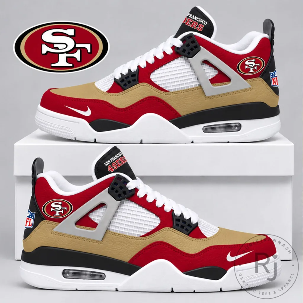 San Francisco 49ers NFL Team Logo Red And Gold Air Jordan 4 Style Sneakers San Francisco 49ers NFL Team Logo Red And Gold Air Jordan 4 Style Sneakers