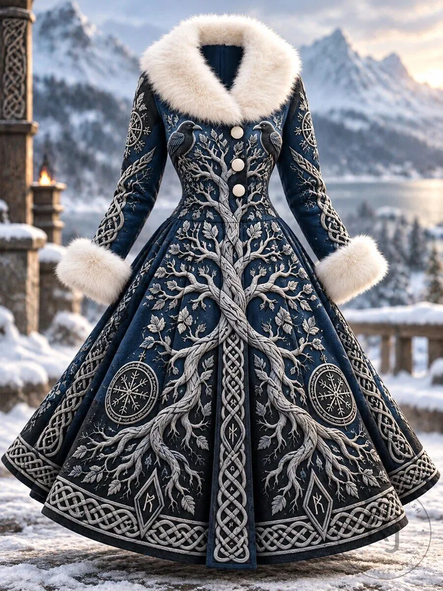 Viking Yggdrasil Tree of Life Winter Coat with Faux Fur Collar and Cuffs 4 Viking Yggdrasil Tree of Life Winter Coat with Faux Fur Collar and Cuffs