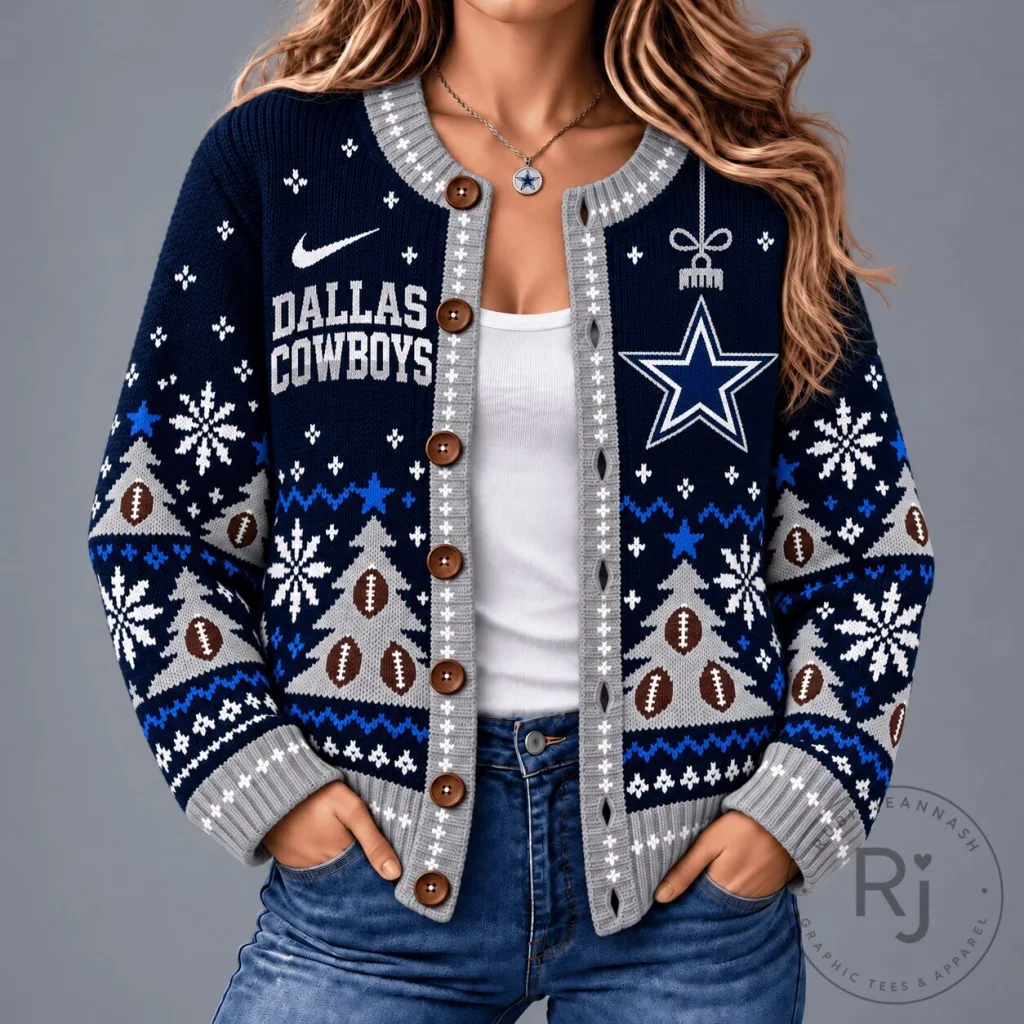 Dallas Cowboys NFL Christmas Snowflake Football Tree Pattern Cardigan Sweater Dallas Cowboys NFL Christmas Snowflake Football Tree Pattern Cardigan Sweater
