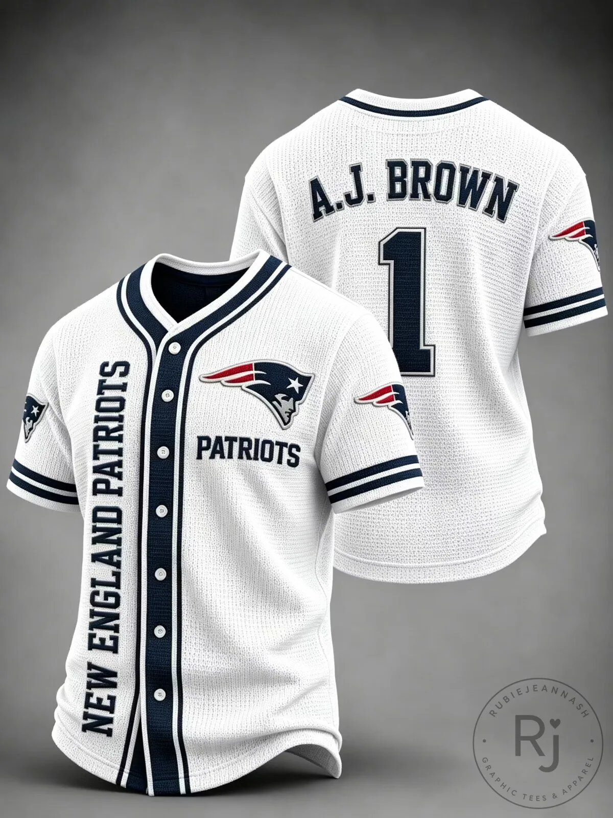 New England Patriots A.J. Brown Number 1 White Baseball Jersey 40 New England Patriots A.J. Brown Number 1 White Baseball Jersey