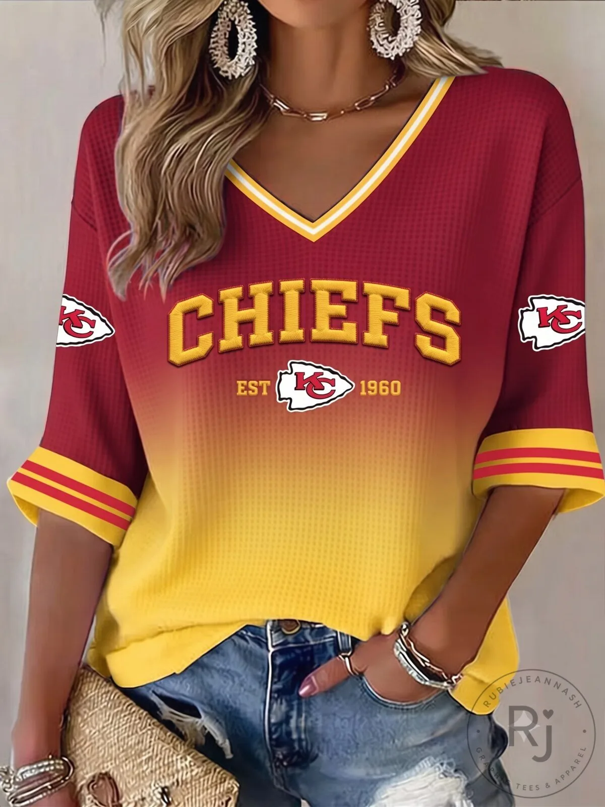 Kansas City Chiefs Football Fan Shirt for Women, Red and Yellow V-Neck T-Shirt