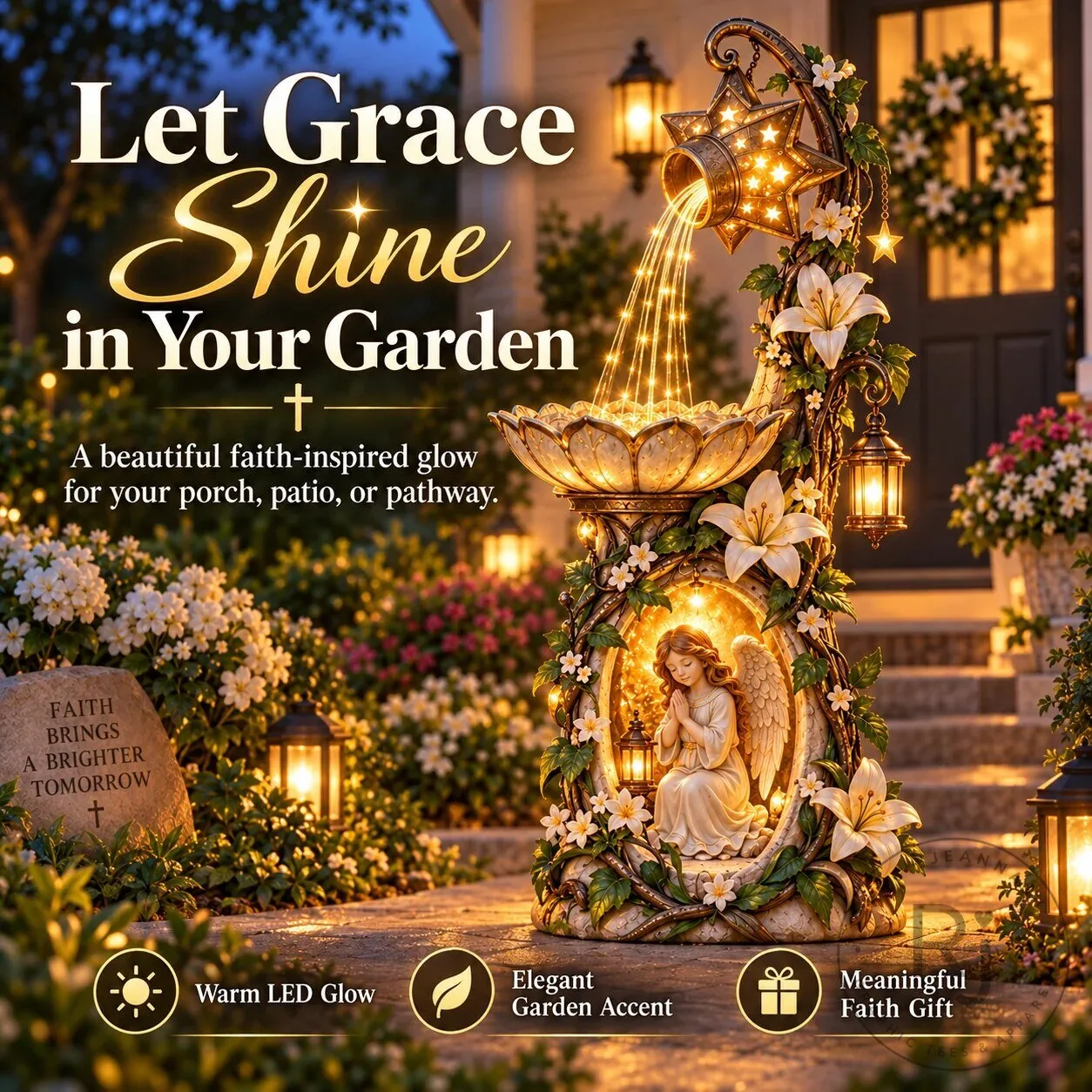 Angel Starlight Garden Fountain with LED Lights and Elegant Floral Accents