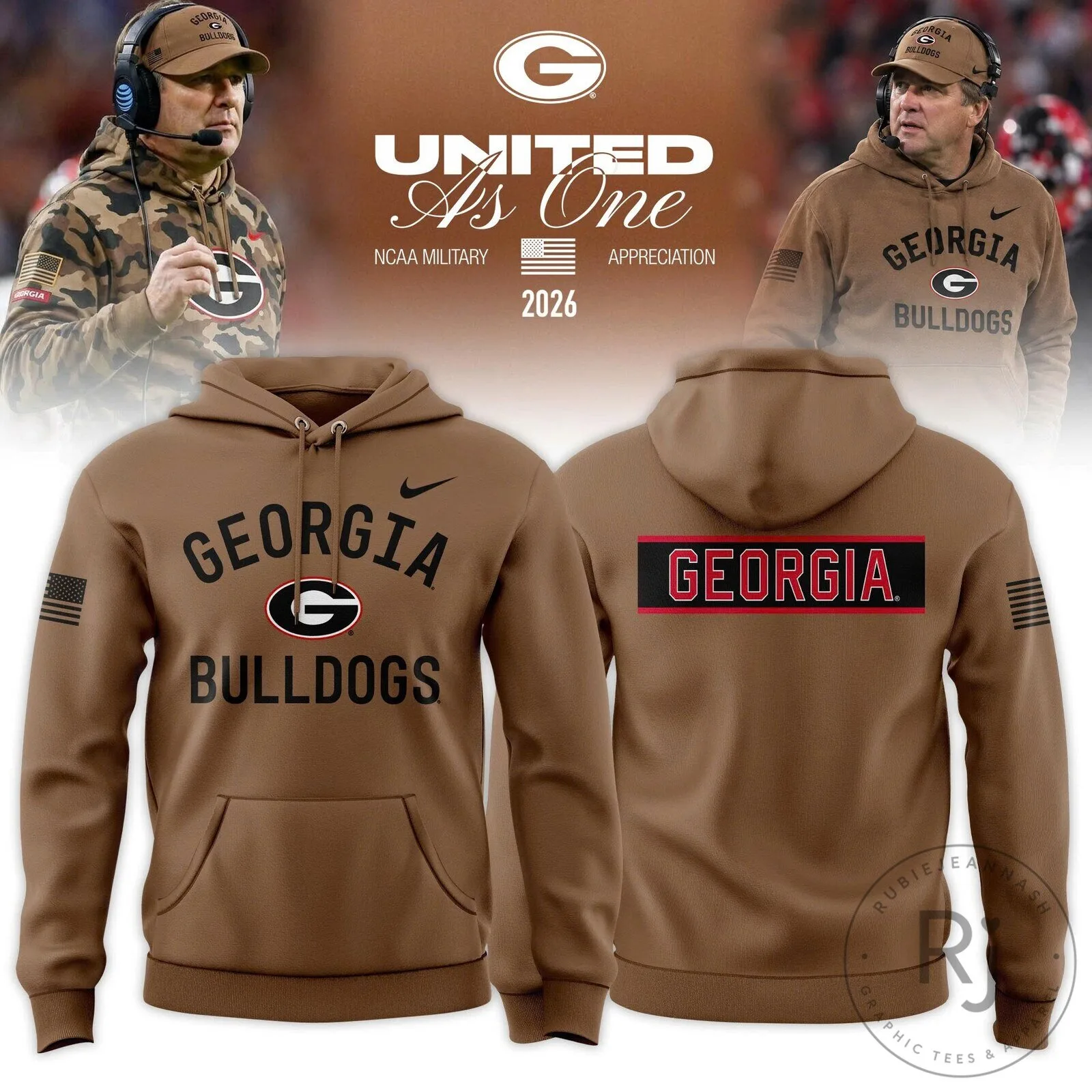 Georgia Bulldogs NCAA Military Appreciation United As One Brown Hoodie 2 Georgia Bulldogs NCAA Military Appreciation United As One Brown Hoodie