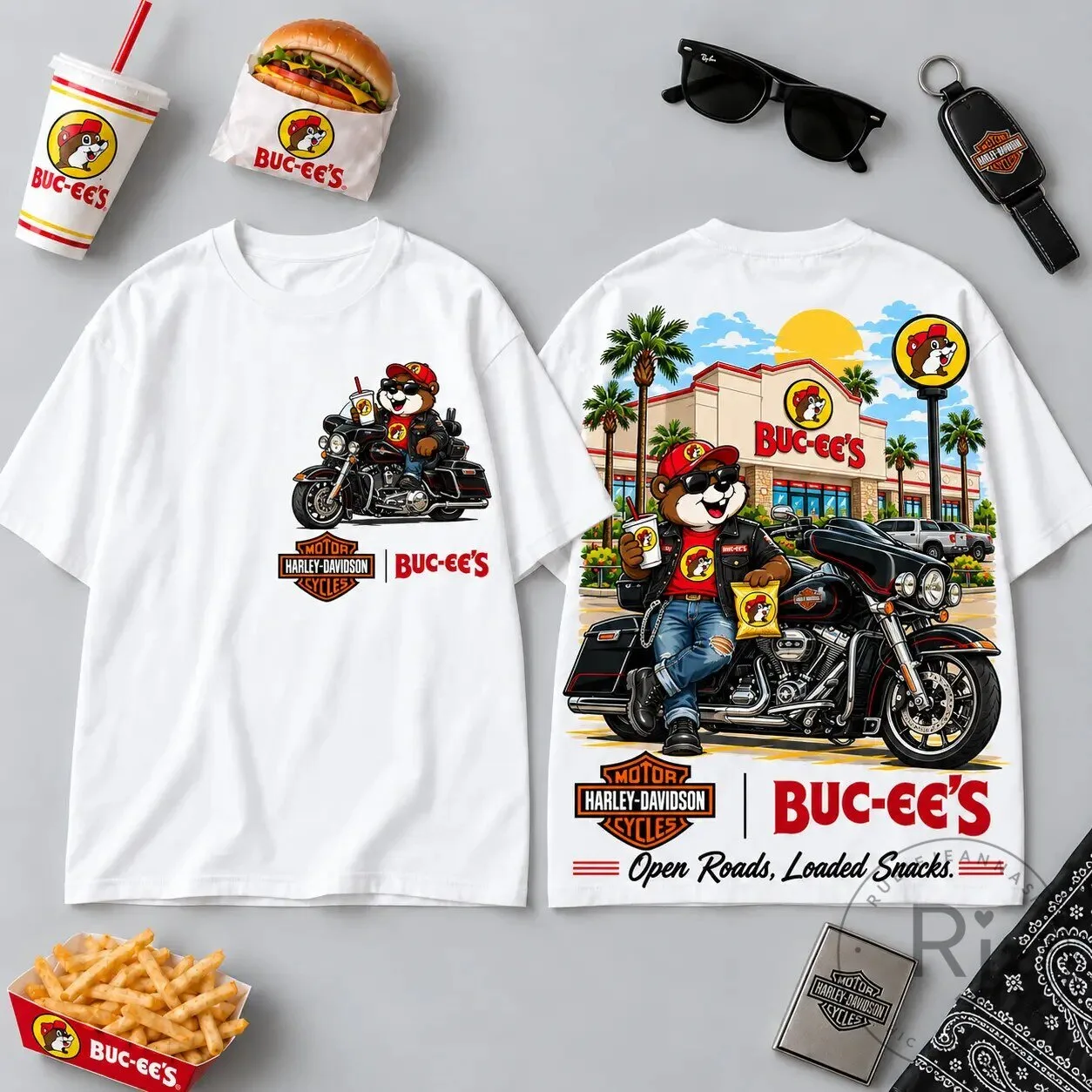 Harley Davidson Motorcycle Buc-ee’s Beaver Open Roads Loaded Snacks T-Shirt
