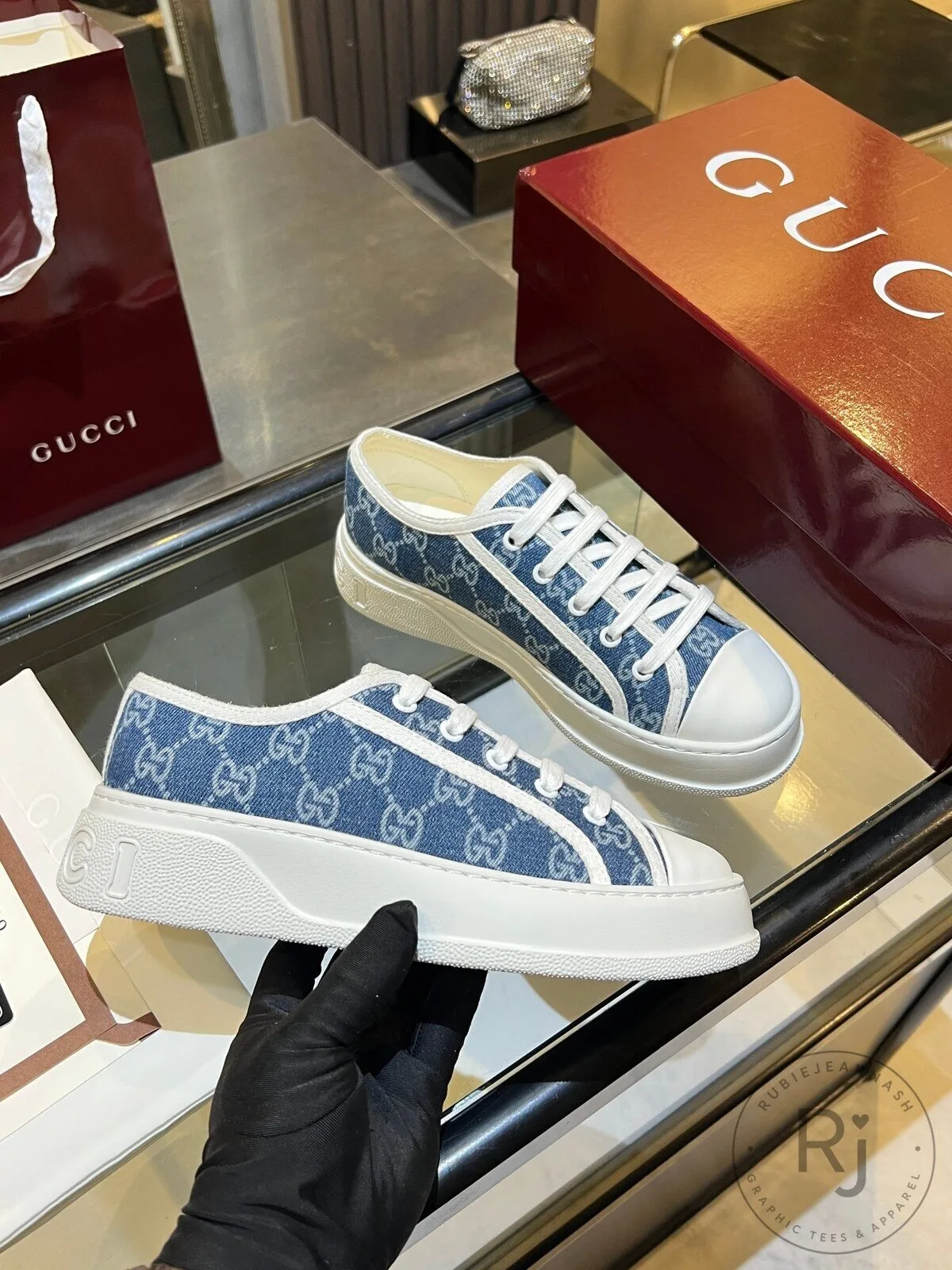 Gucci GG Monogram Denim Low-Top Sneakers for Women 1 Gucci GG Monogram Denim Low-Top Sneakers for Women