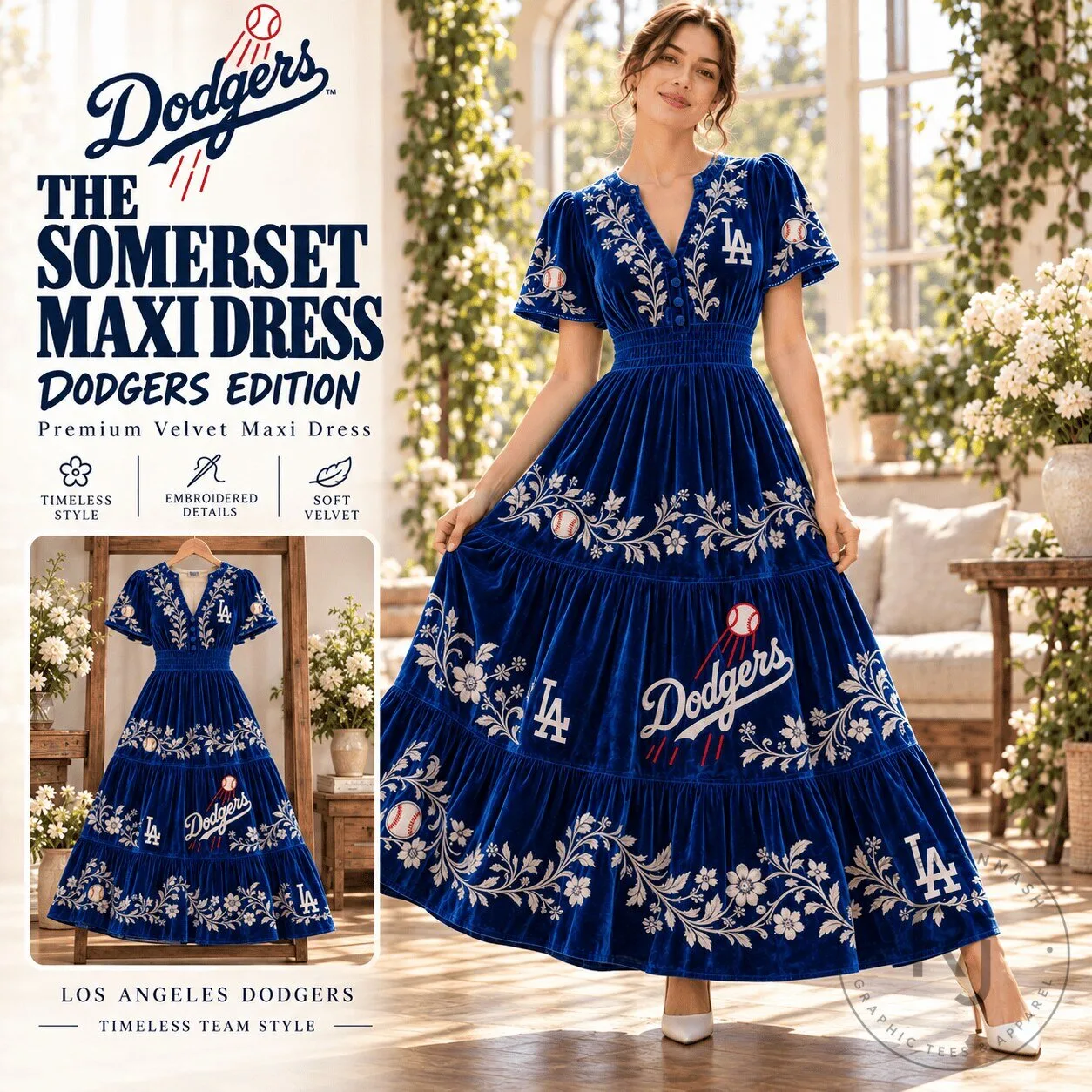 Los Angeles Dodgers Embroidered Velvet Maxi Dress for Women