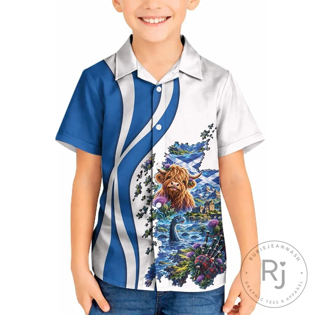 Scotland National Flag and Map Highland Cow Nessie Kids Hawaiian Shirt