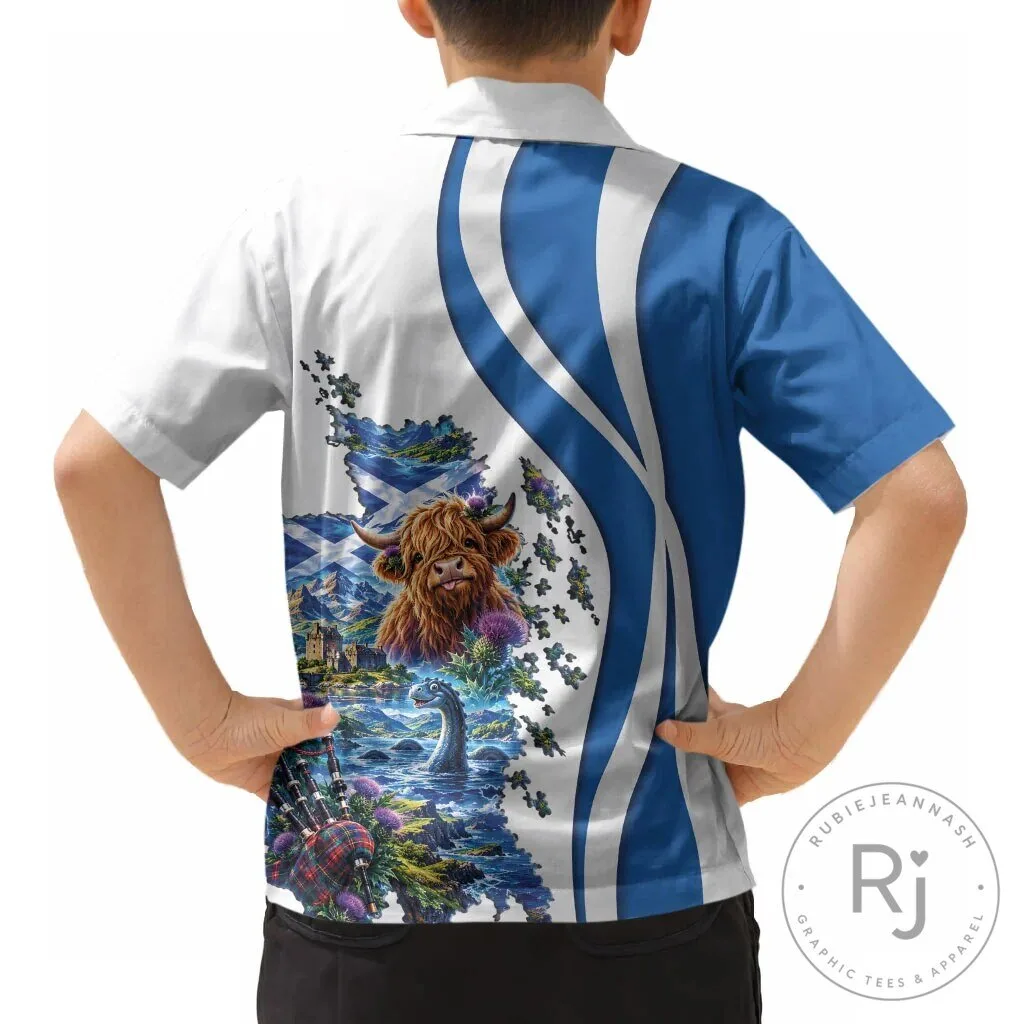 Scotland National Flag and Map Highland Cow Nessie Kids Hawaiian Shirt 9 Scotland National Flag and Map Highland Cow Nessie Kids Hawaiian Shirt