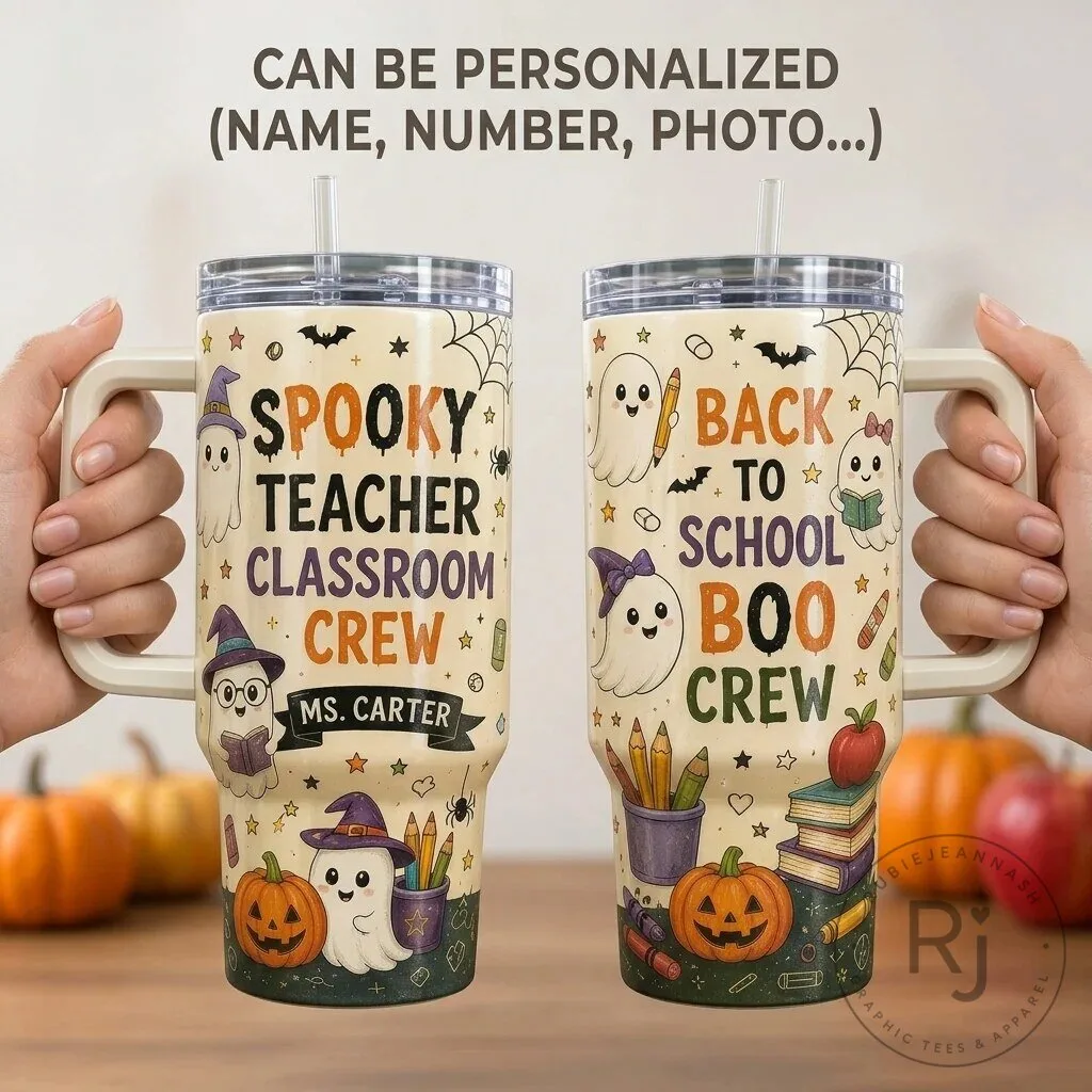 Spooky Teacher Classroom Crew Personalized Halloween Tumbler with Handle
