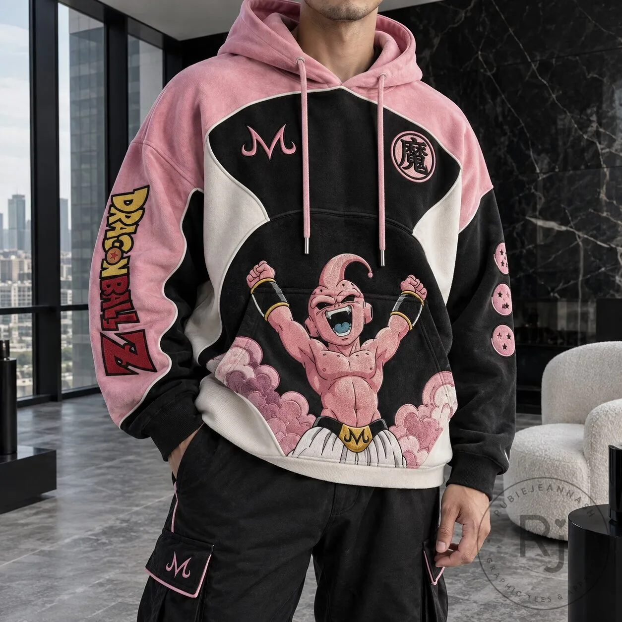 Dragon Ball Z Majin Buu Embroidered Pink and Black Oversized Hoodie