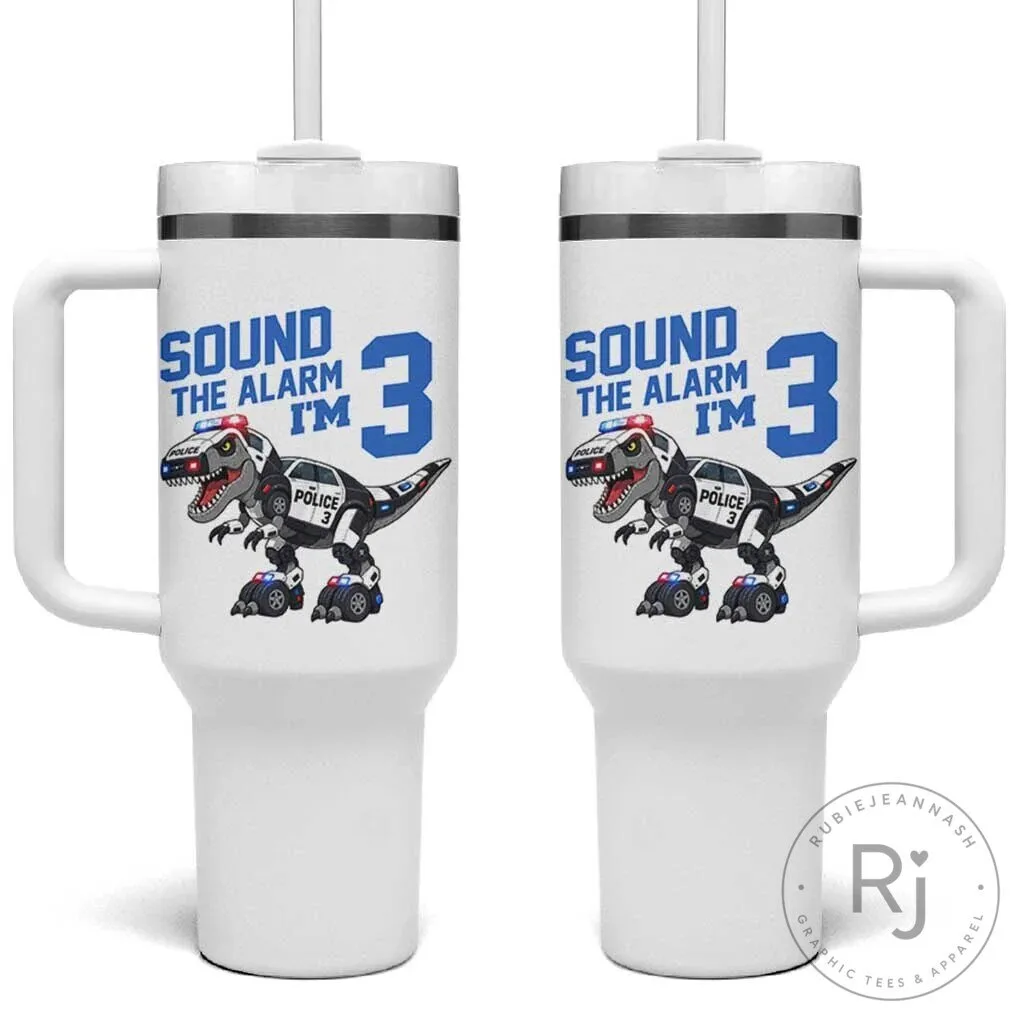 Funny Dinosaur Police Patrol 3rd Birthday White Tumbler With Handle And Straw