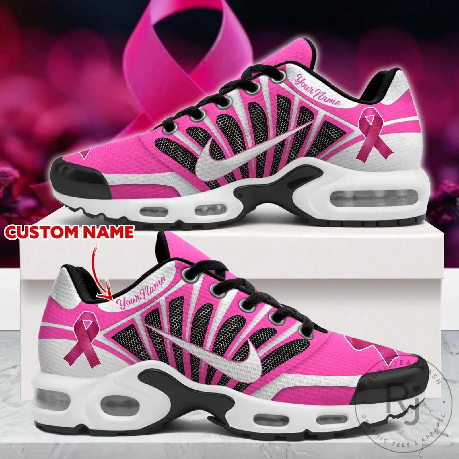 Pink Ribbon Breast Cancer Awareness Custom Name Running Shoes for Women