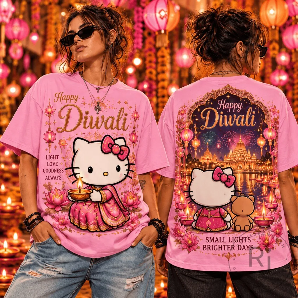 Hello Kitty Happy Diwali Festival of Lights Pink Traditional Dress T-Shirt Hello Kitty Happy Diwali Festival of Lights Pink Traditional Dress T-Shirt