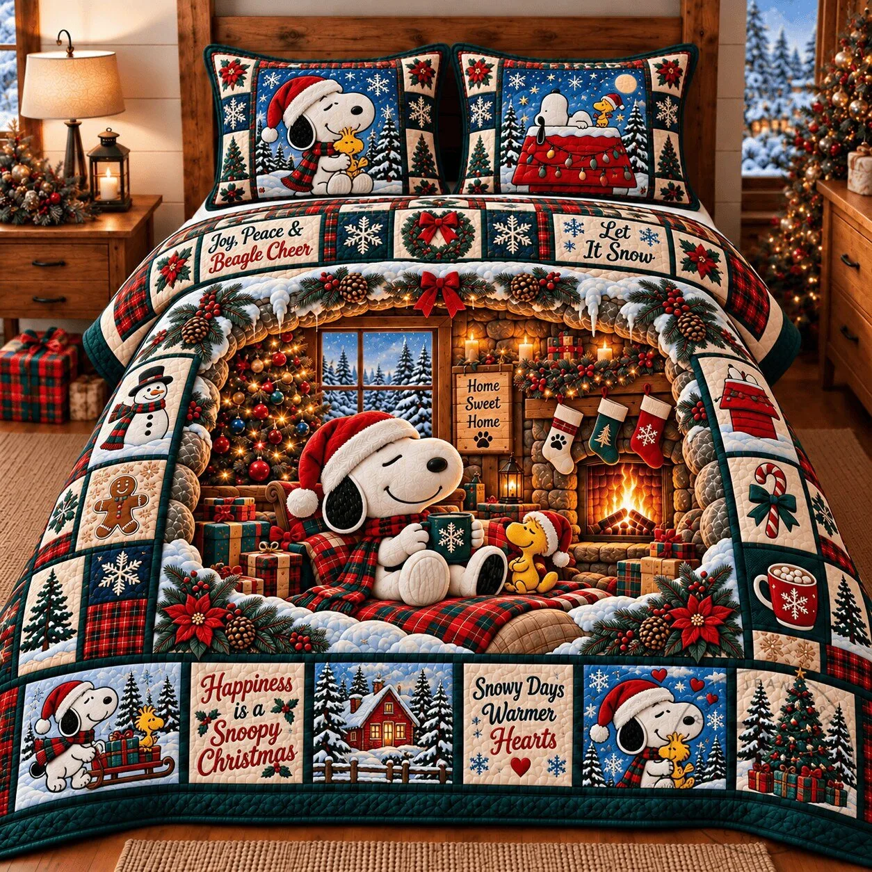 Snoopy Christmas Holiday Quilted Bedding Set with Fitted Sheet and Pillowcases