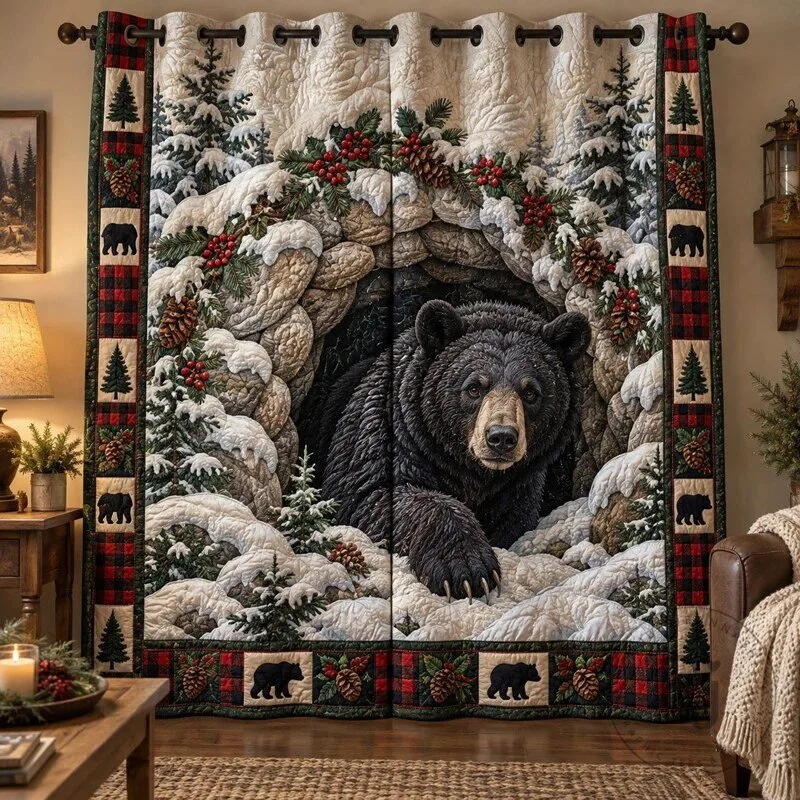 Winter Bear Cave Forest Quilted Window Curtains