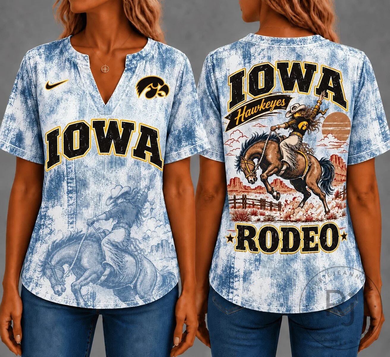 Iowa Hawkeyes Retro Western Rodeo Style Short Sleeve V-Neck Shirt
