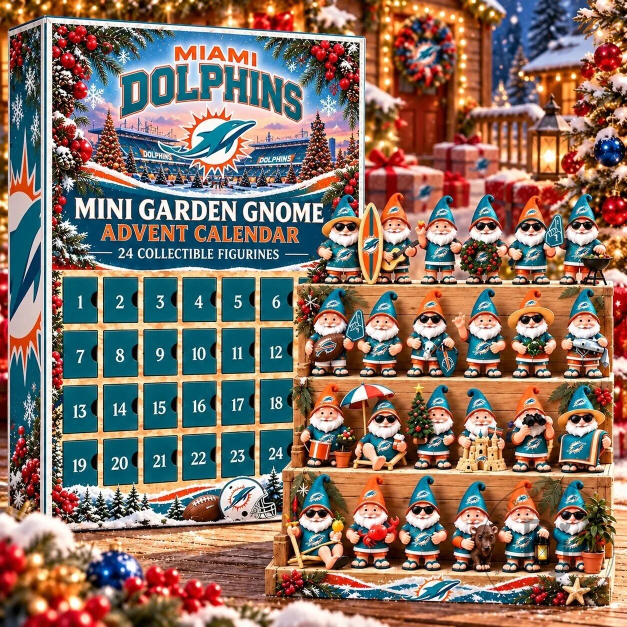 Miami Dolphins NFL Mini Garden Gnome Advent Calendar with 24 Figurines 2D