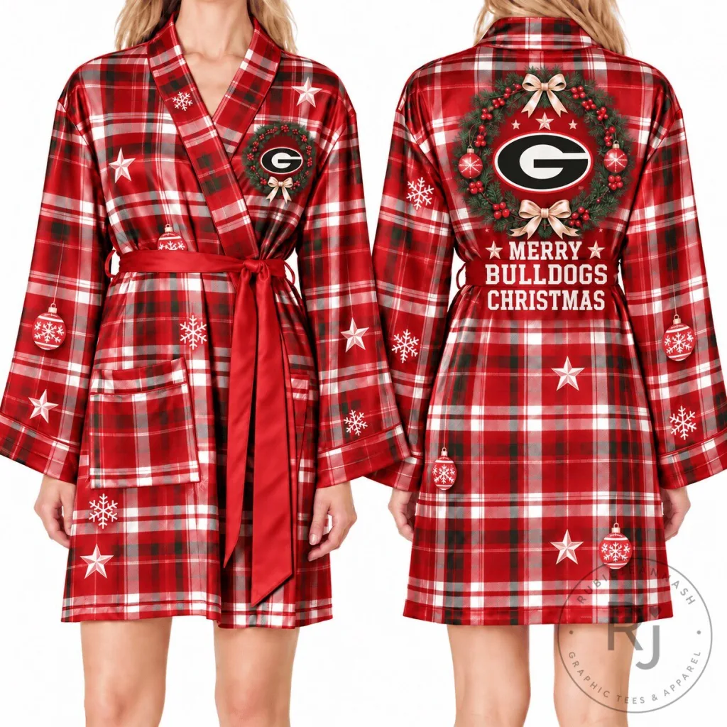 Georgia Bulldogs Merry Christmas Plaid Holiday Satin Bathrobe Georgia Bulldogs Merry Christmas Plaid Holiday Satin Bathrobe