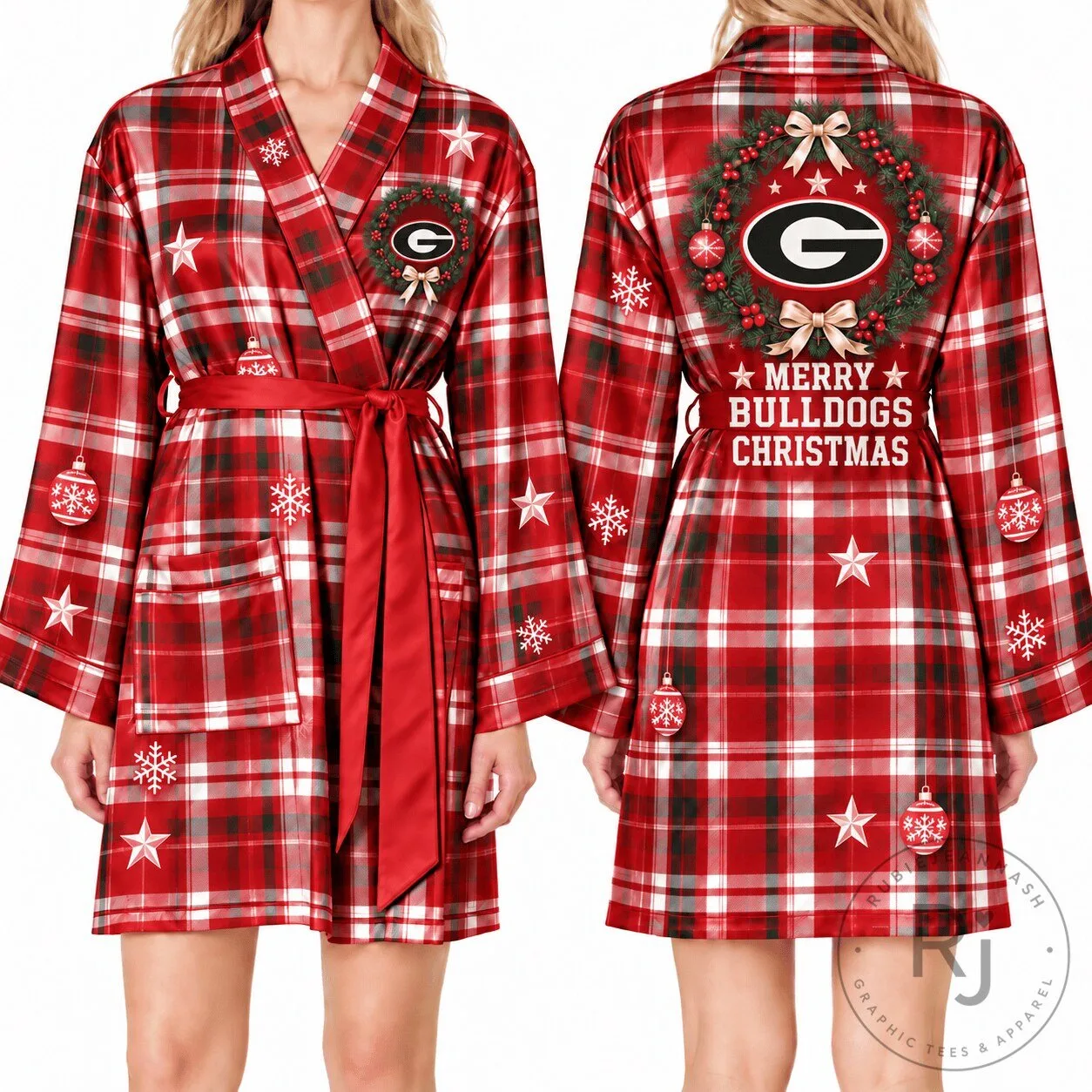 Georgia Bulldogs Merry Christmas Plaid Holiday Satin Bathrobe 3 Georgia Bulldogs Merry Christmas Plaid Holiday Satin Bathrobe