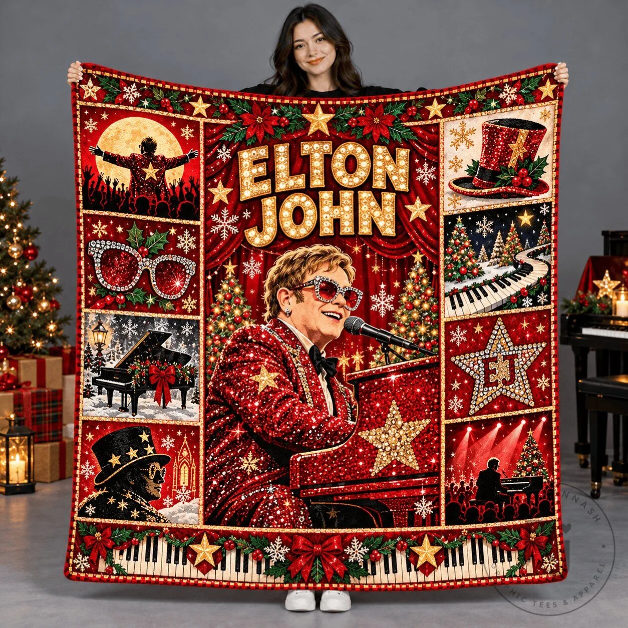 Elton John Christmas Patchwork Fleece Blanket