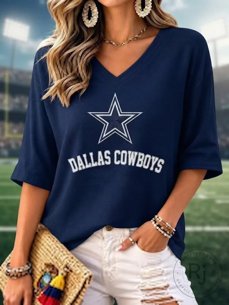 Dallas Cowboys Football Team Logo Dark Blue V-Neck Casual T-Shirt