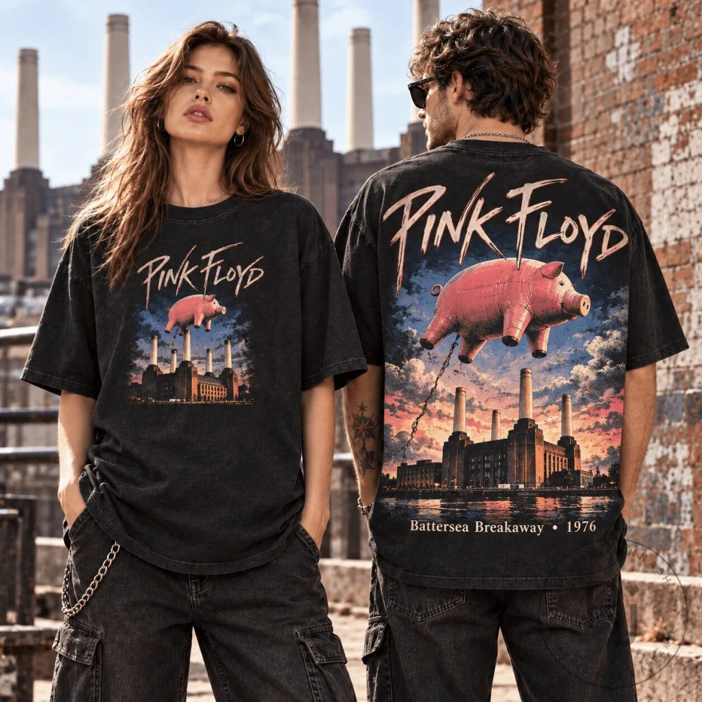 Pink Floyd Battersea Breakaway Flying Pig Scene Dark Side of the Moon T-Shirt Pink Floyd Battersea Breakaway Flying Pig Scene Dark Side of the Moon T-Shirt