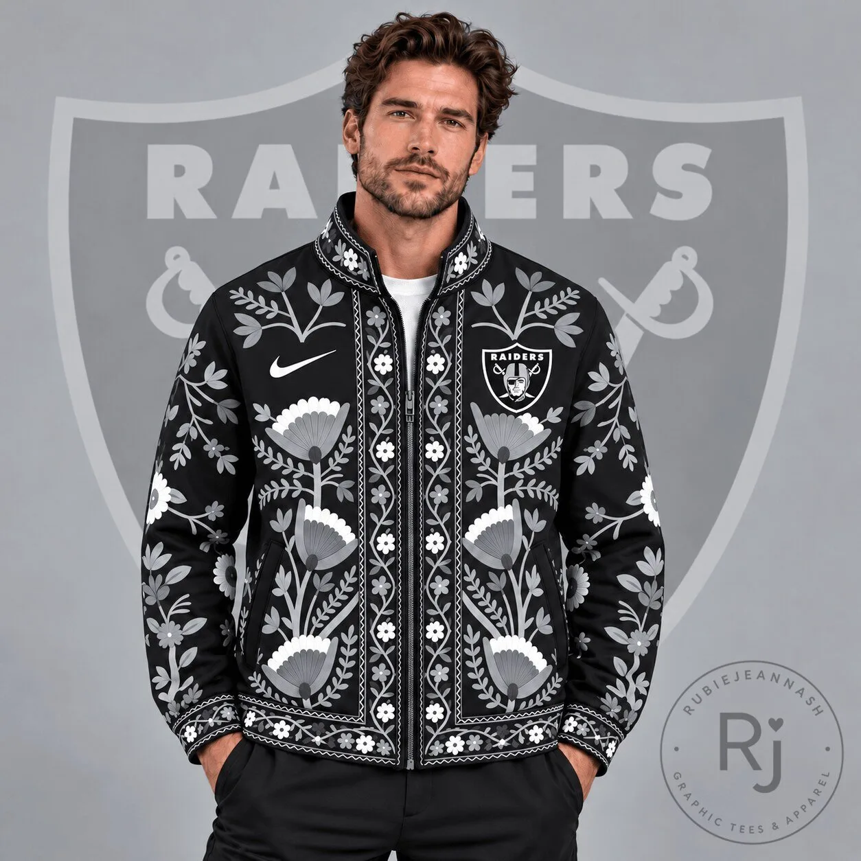 Las Vegas Raiders NFL Vintage Folk Art Floral Print Stand Collar Full Zip Jacket