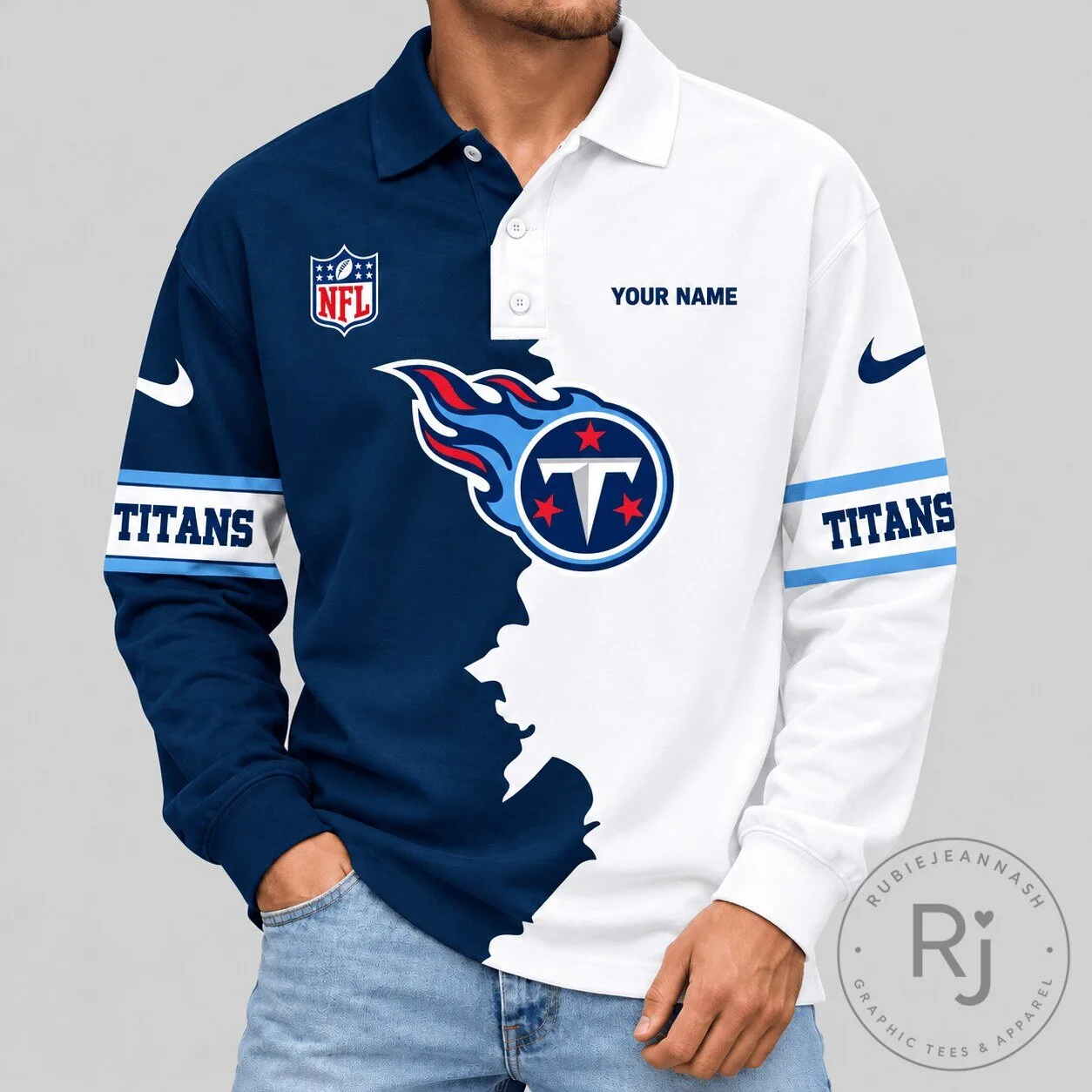 Tennessee Titans NFL Split Panel Long Sleeve Polo Shirt Custom Name