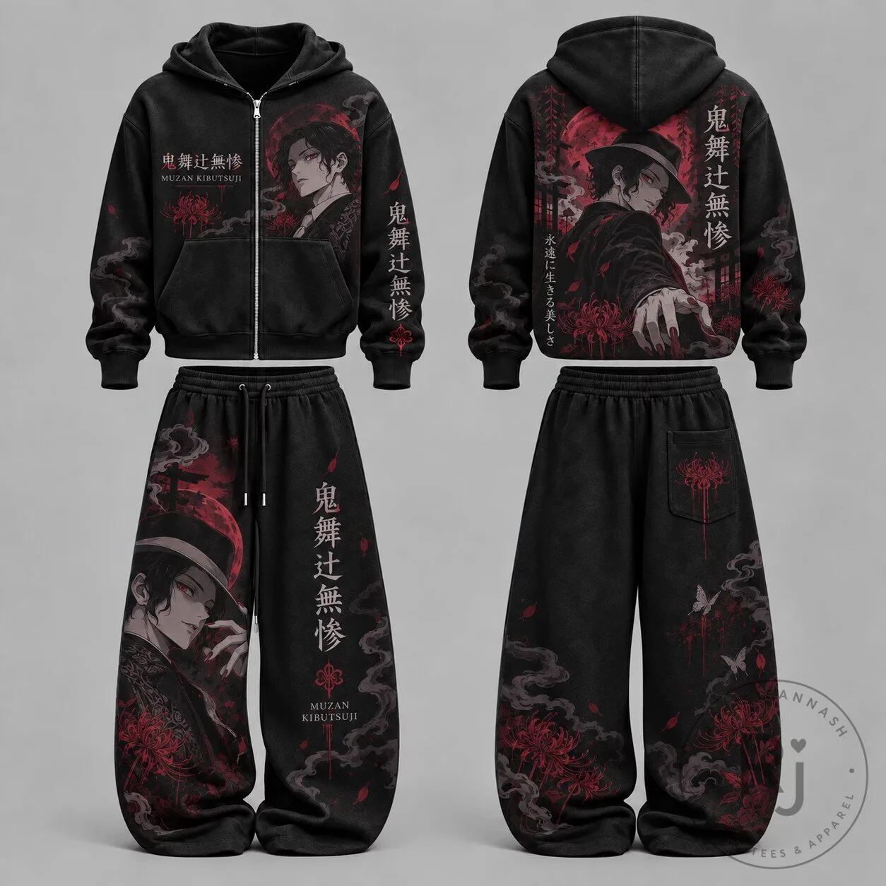 Demon Slayer Muzan Kibutsuji Anime Manga Character Black Hoodie Sweatshirt Set
