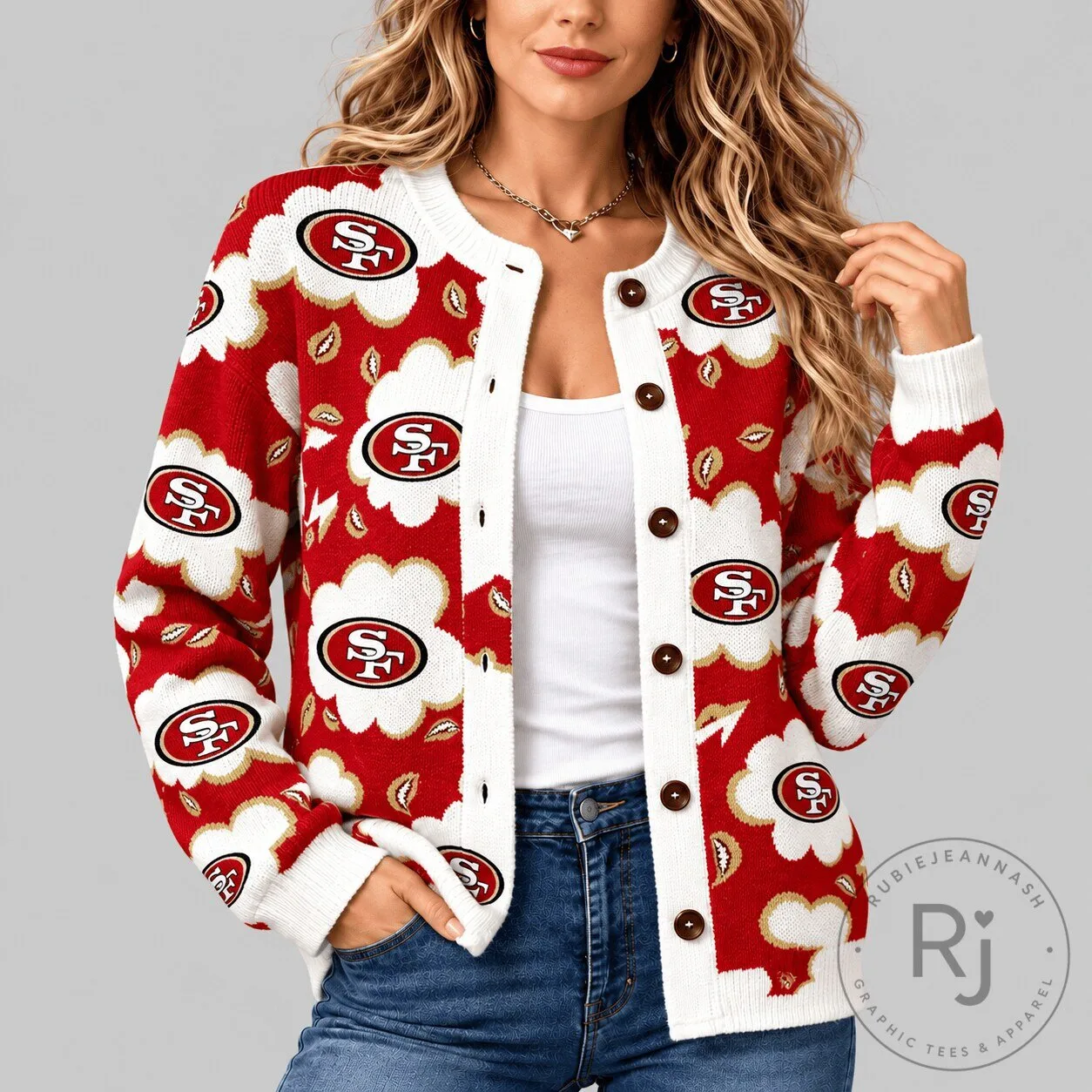 San Francisco 49ers NFL Kiss Pattern Red and White Knit Cardigan Sweater