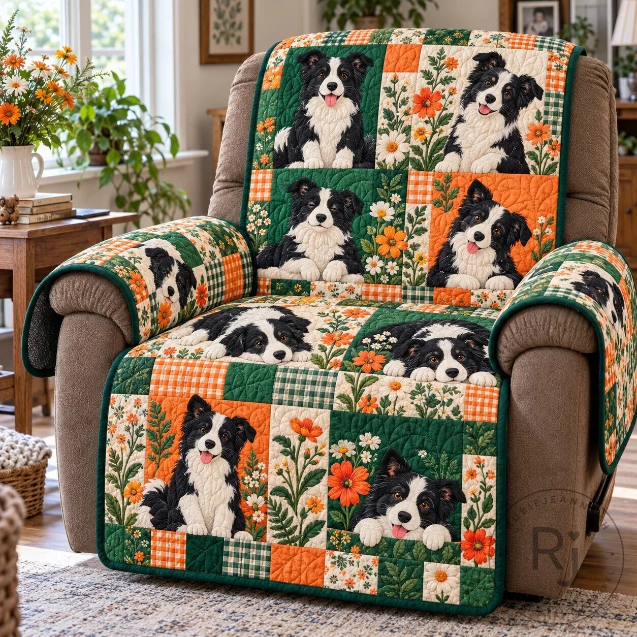 Border Collie Dog Wildflower Patchwork Quilted Recliner Chair Sofa Cover