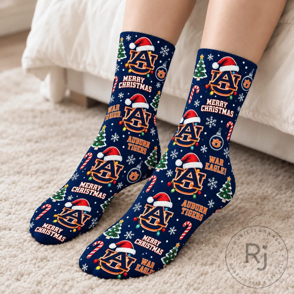 Auburn Tigers Merry Christmas Holiday Pattern Crew Socks Auburn Tigers Merry Christmas Holiday Pattern Crew Socks