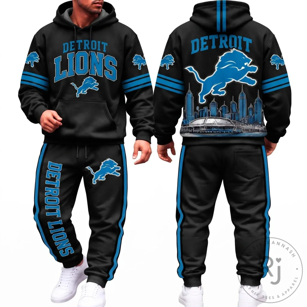 Detroit Lions Football Team Cityscape Design Adult Hoodie and Sweatpants Set Detroit Lions Football Team Cityscape Design Adult Hoodie and Sweatpants Set
